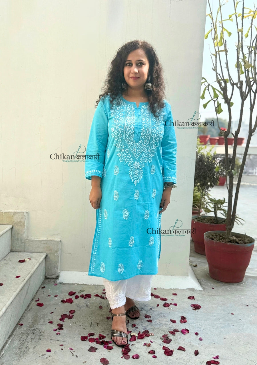 Geet Cotton Chikankari Kurti - Sky Blue