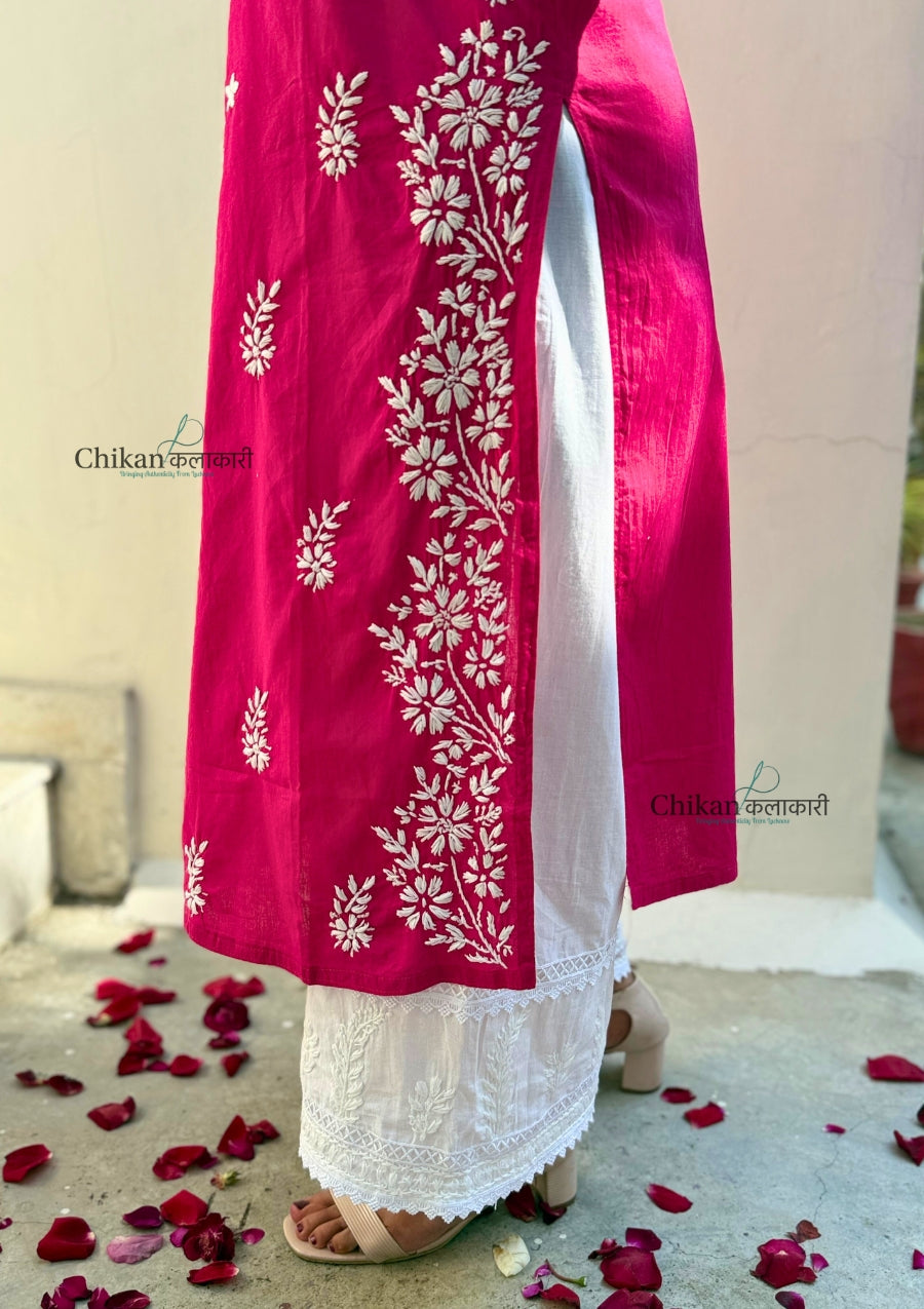 Meera Cotton Chikankari Kurti - Magenta