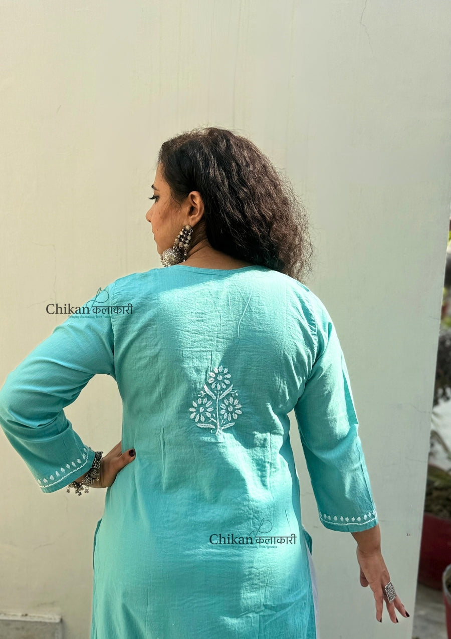 Geet Cotton Chikankari Kurti - Turquoise Blue