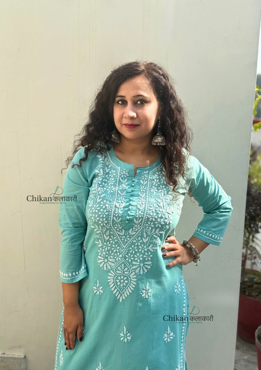 Geet Cotton Chikankari Kurti - Turquoise Blue