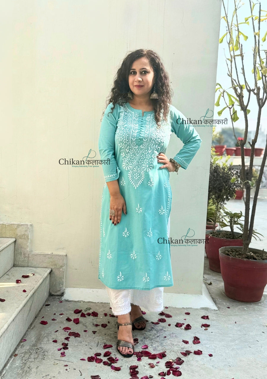 Geet Cotton Chikankari Kurti - Turquoise Blue