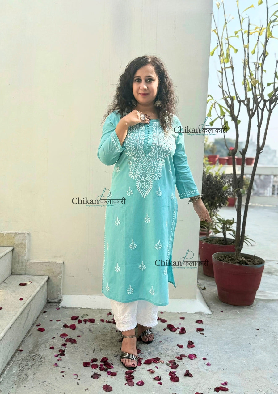 Geet Cotton Chikankari Kurti - Turquoise Blue