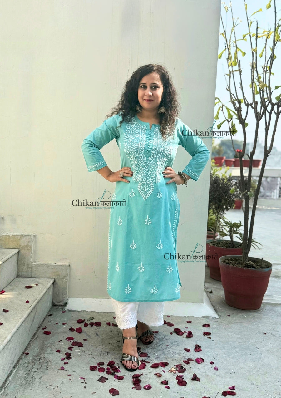 Geet Cotton Chikankari Kurti - Turquoise Blue