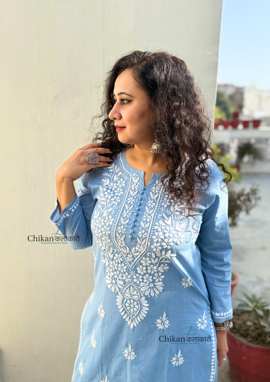 Geet Cotton Chikankari Kurti - Powder Blue