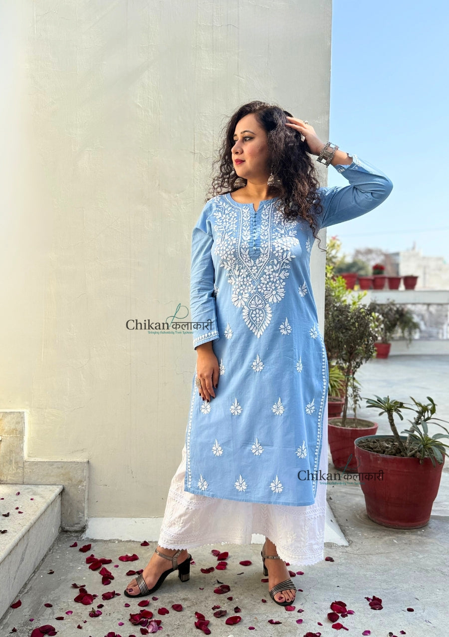 Geet Cotton Chikankari Kurti - Powder Blue