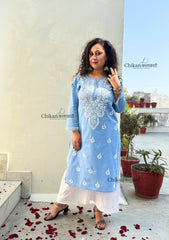 Geet Cotton Chikankari Kurti - Powder Blue