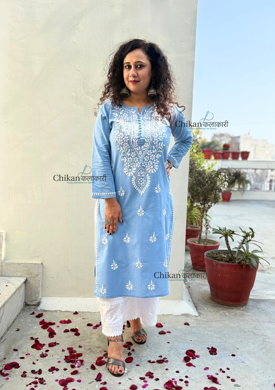 Geet Cotton Chikankari Kurti - Powder Blue