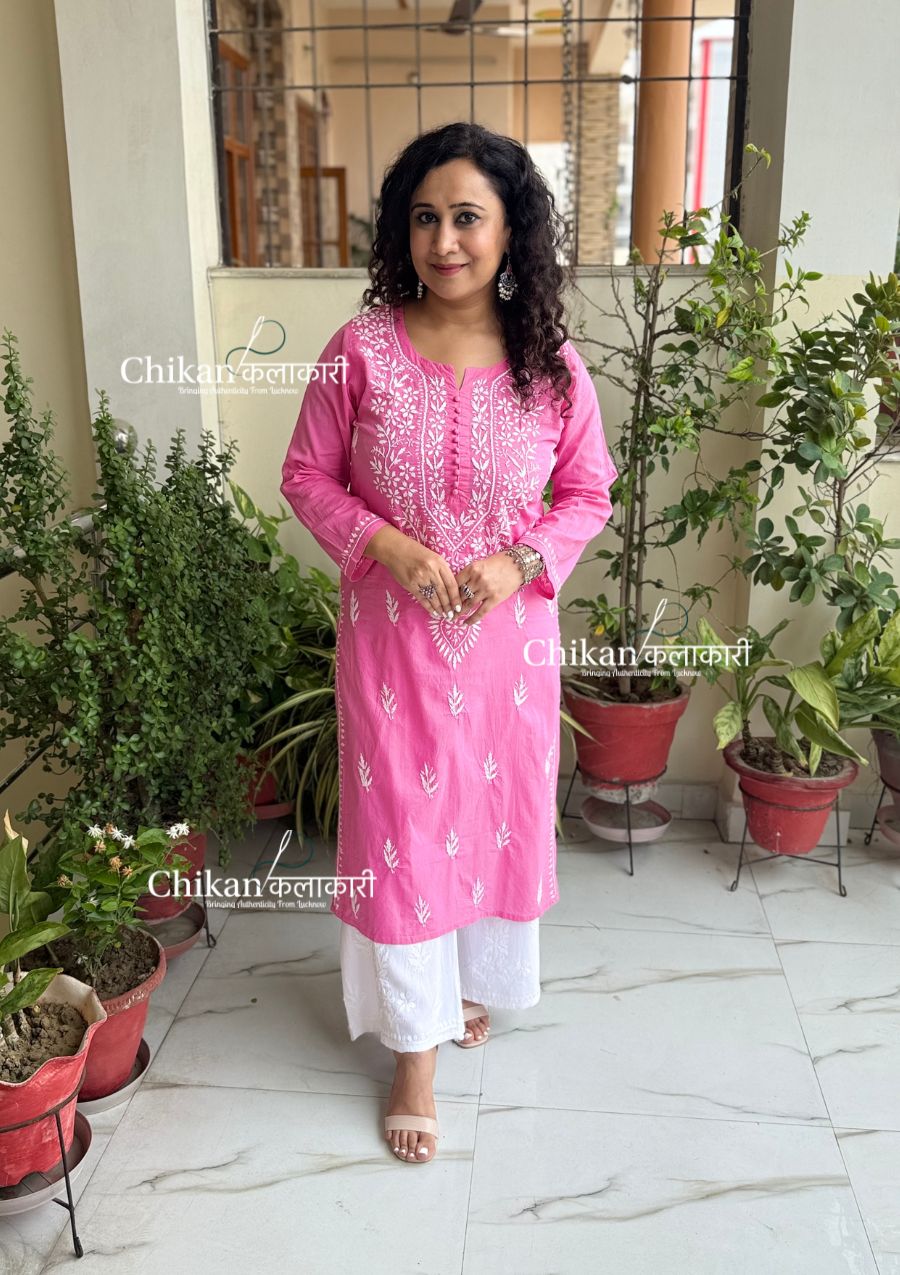 Geet Cotton Chikankari Kurti - Candy Pink