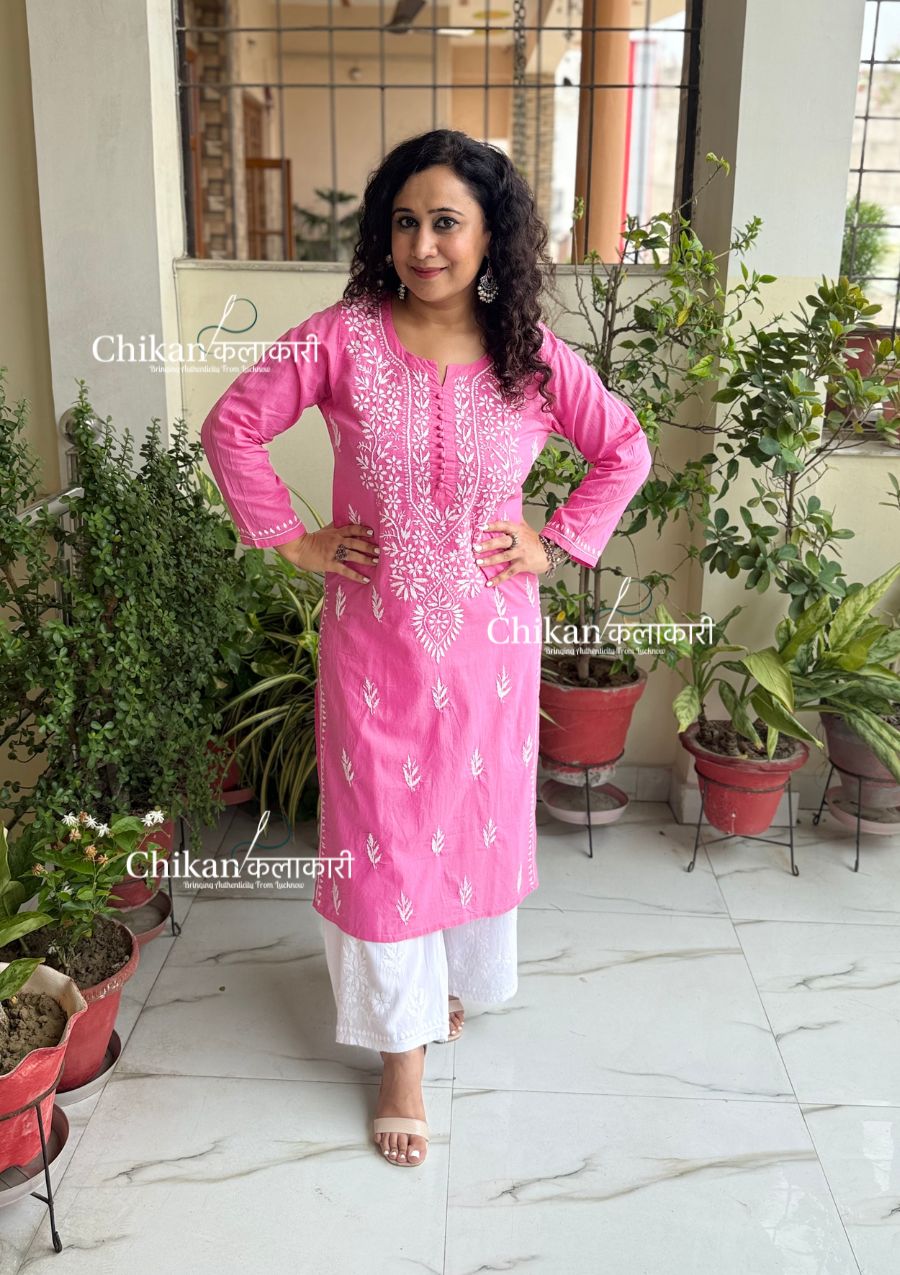 Geet Cotton Chikankari Kurti - Candy Pink