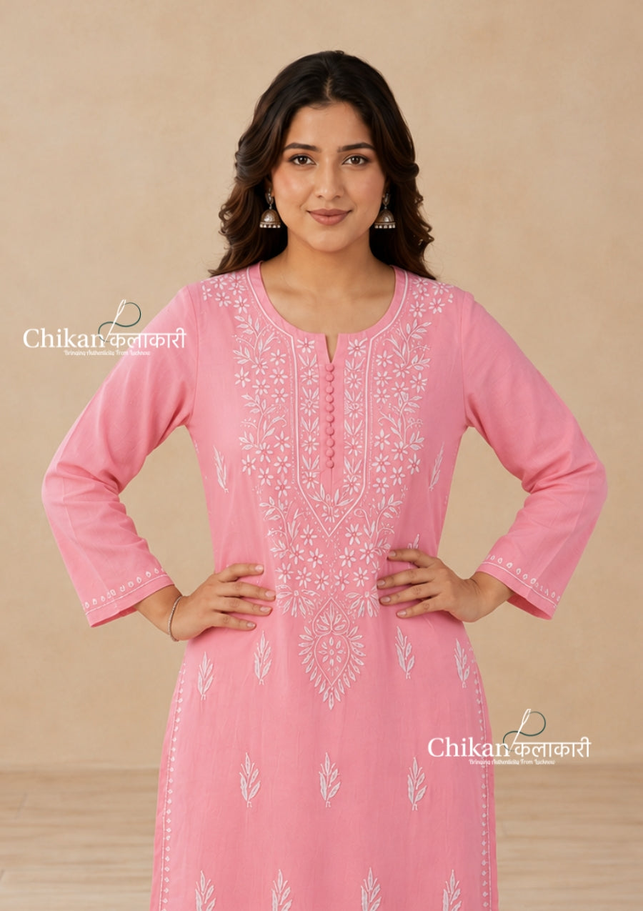 Geet Cotton Chikankari Kurti - Coral Pink