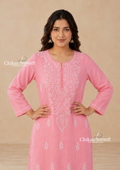 Geet Cotton Chikankari Kurti - Coral Pink