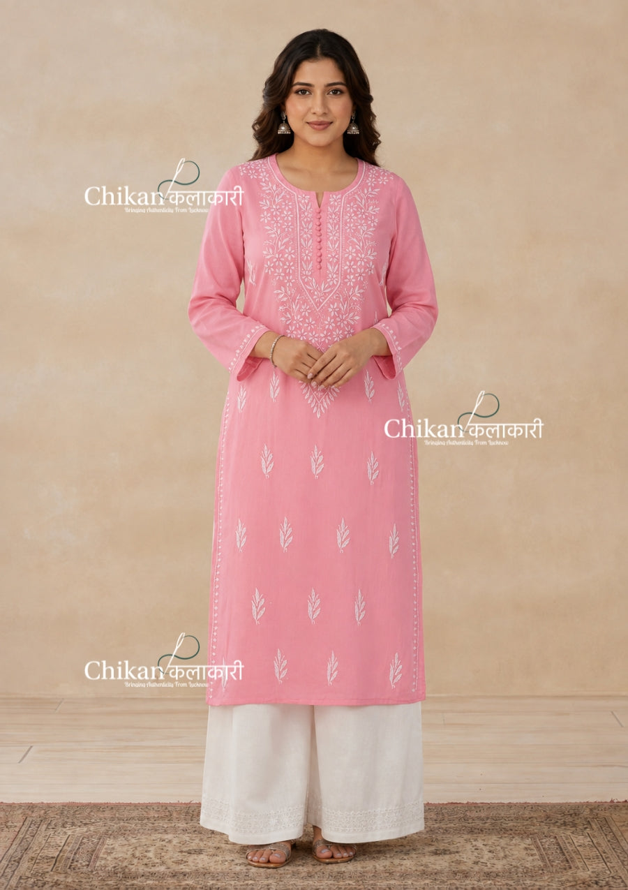 Geet Cotton Chikankari Kurti - Coral Pink