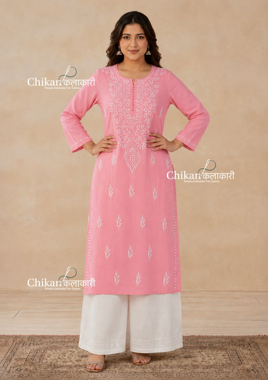 Geet Cotton Chikankari Kurti - Coral Pink