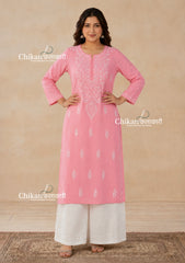 Geet Cotton Chikankari Kurti - Coral Pink