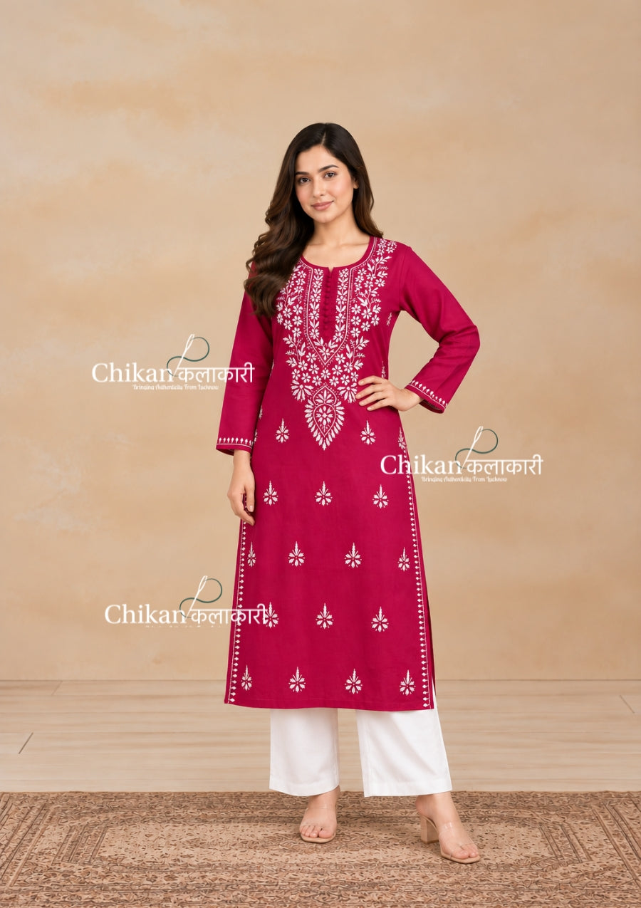 Geet Cotton Chikankari Kurti - Magenta