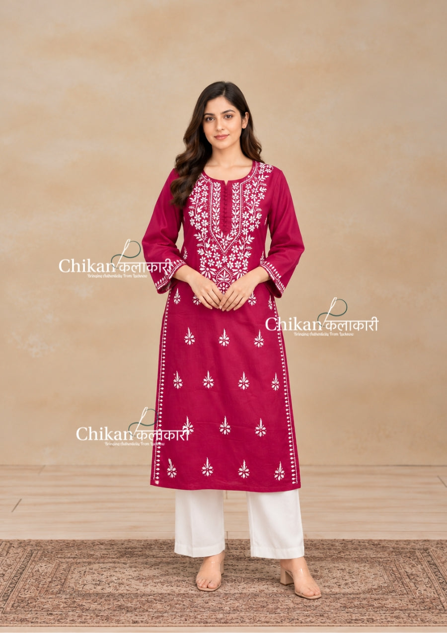 Geet Cotton Chikankari Kurti - Magenta