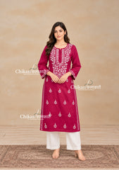 Geet Cotton Chikankari Kurti - Magenta