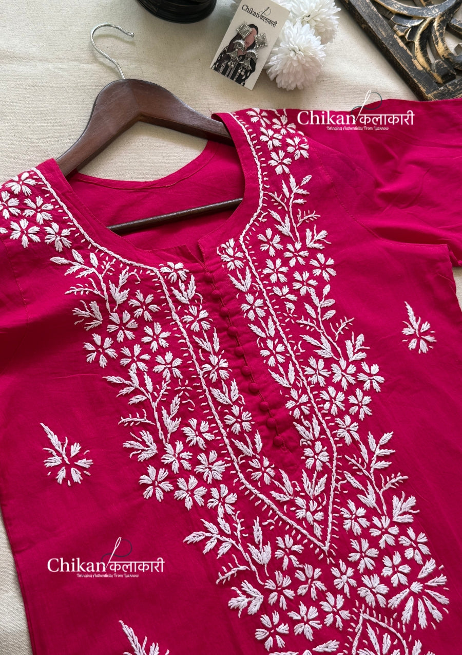 Geet Cotton Chikankari Kurti - Magenta