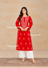 Geet Cotton Chikankari Kurti - Red