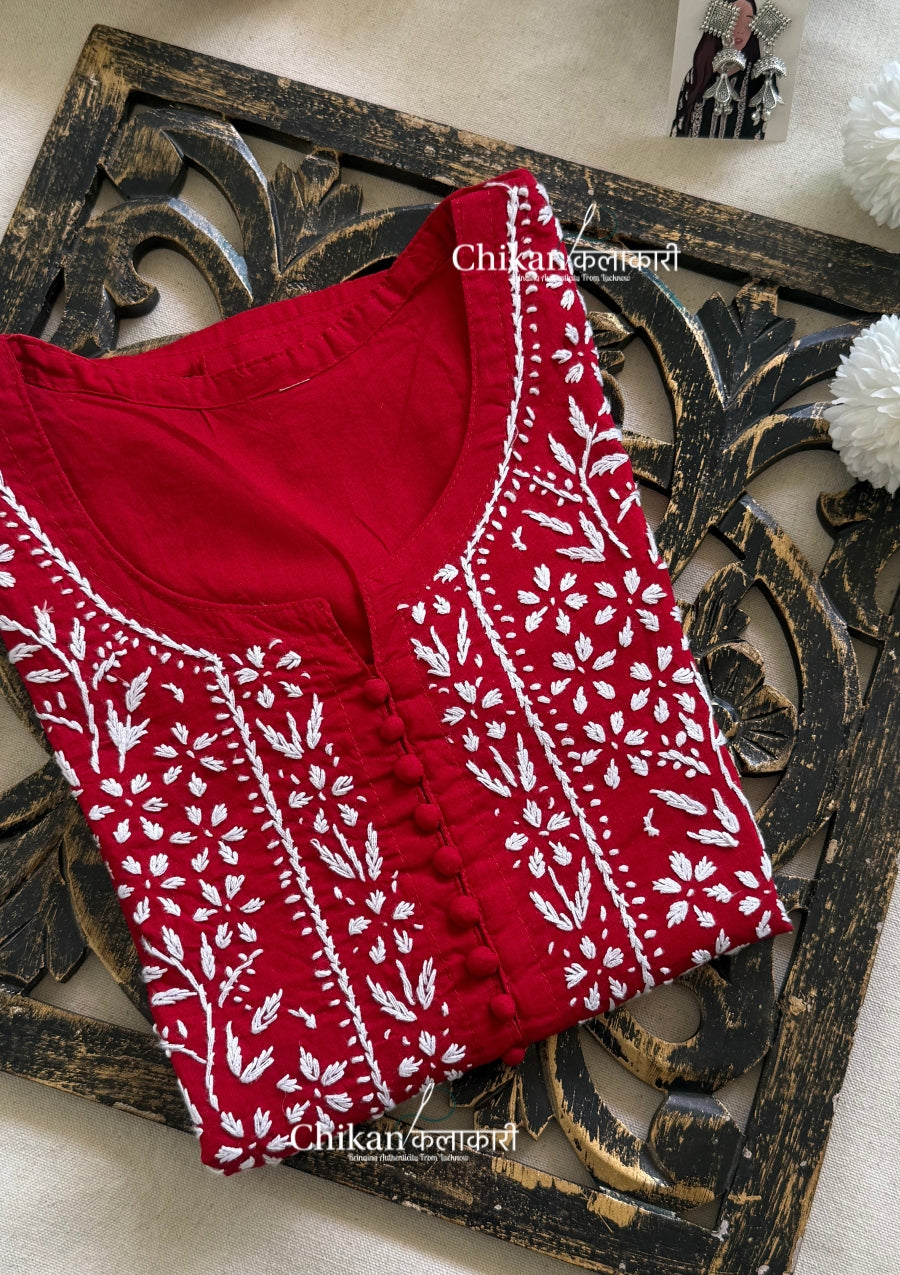 Geet Cotton Chikankari Kurti - Red