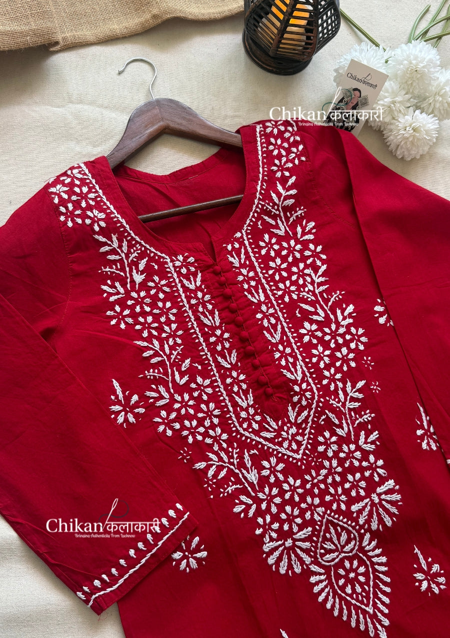 Geet Cotton Chikankari Kurti - Red