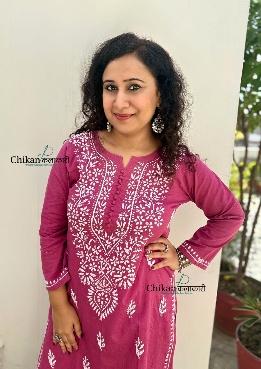Geet Cotton Chikankari Kurti - Onion Pink