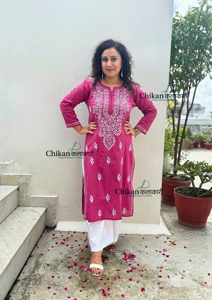 Geet Cotton Chikankari Kurti - Onion Pink