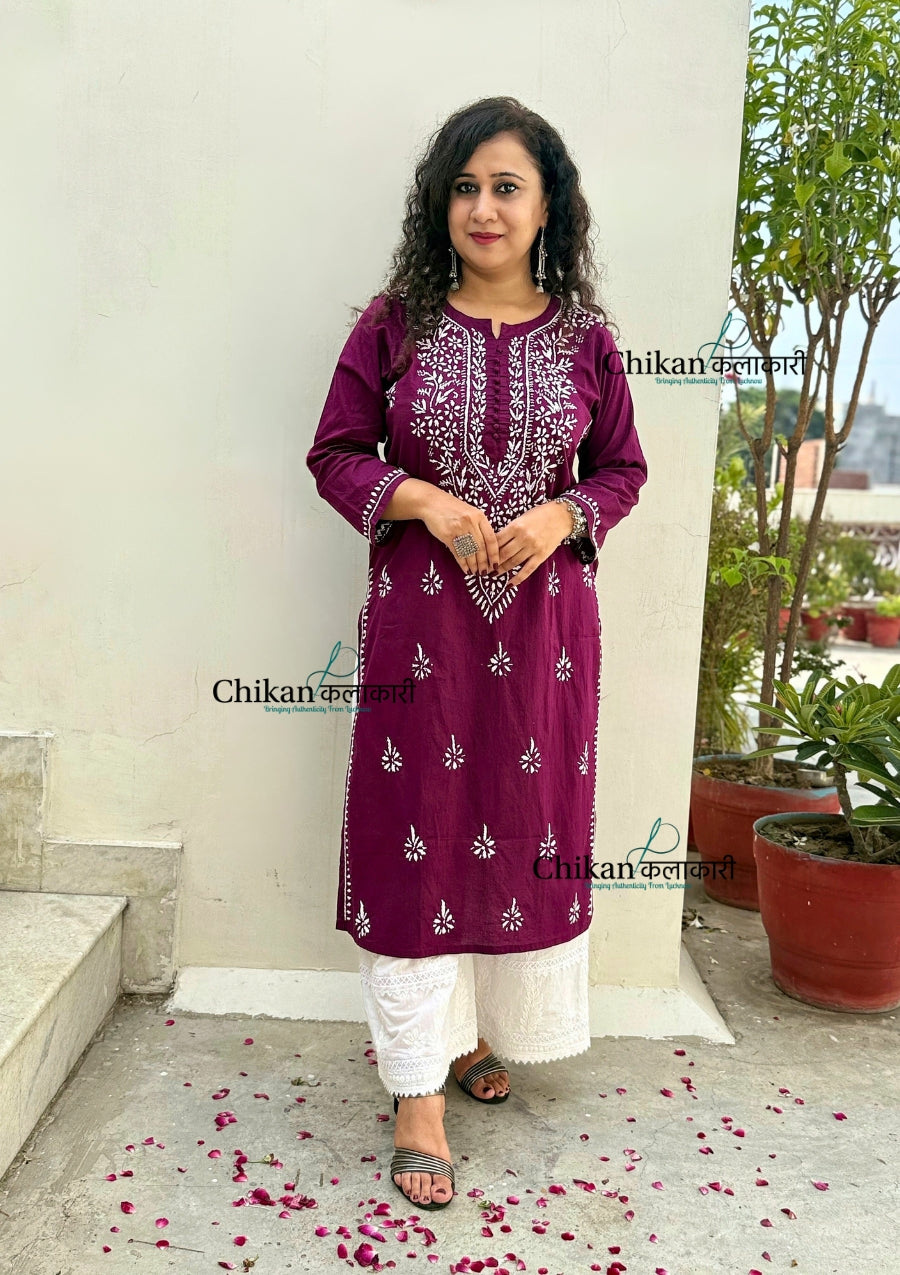 Geet Cotton Chikankari Kurti - Wine
