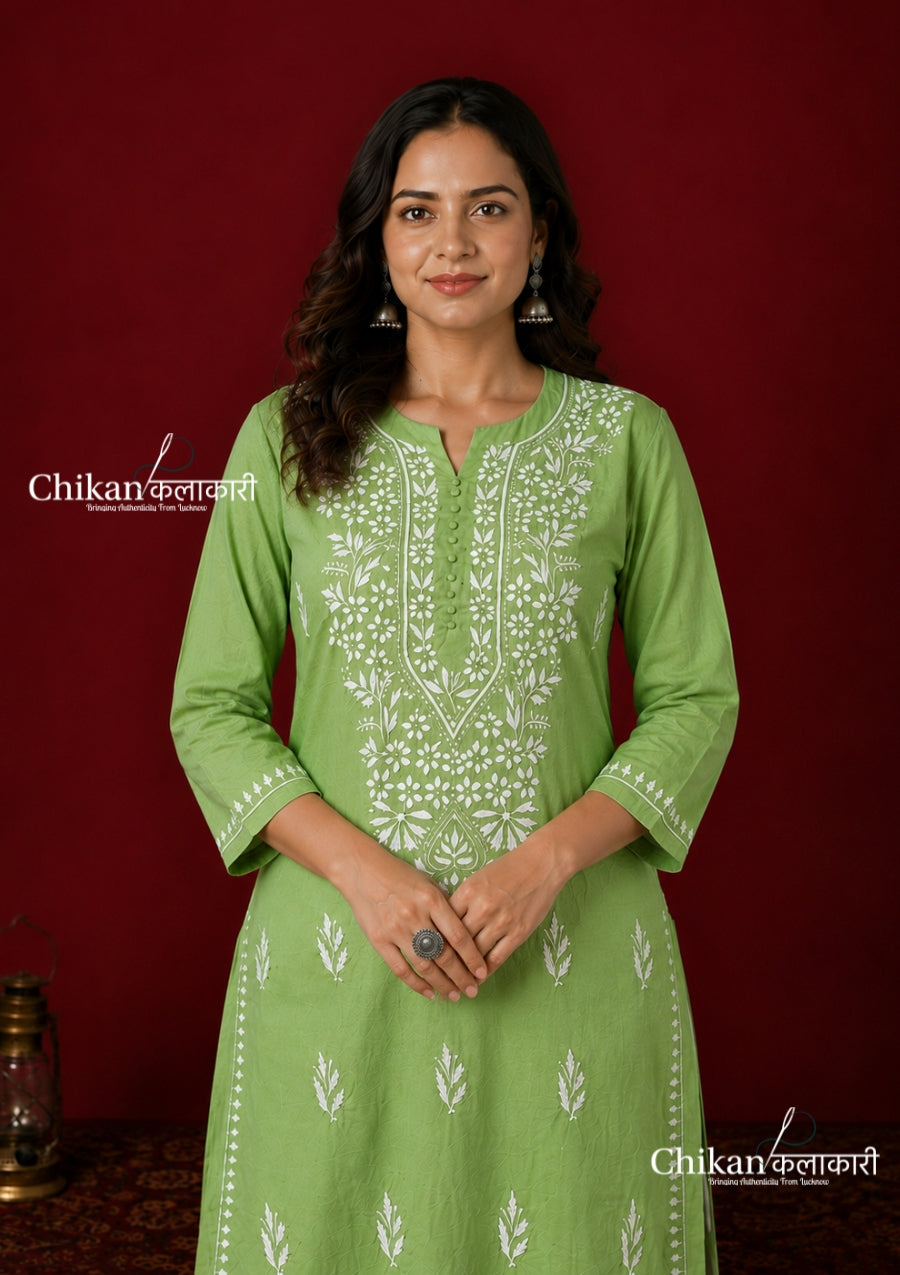 Geet Cotton Chikankari Kurti - Pista Green