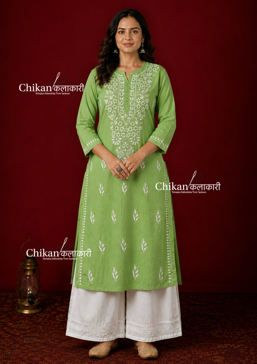 Geet Cotton Chikankari Kurti - Pista Green