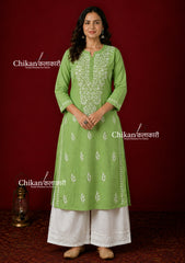 Geet Cotton Chikankari Kurti - Pista Green