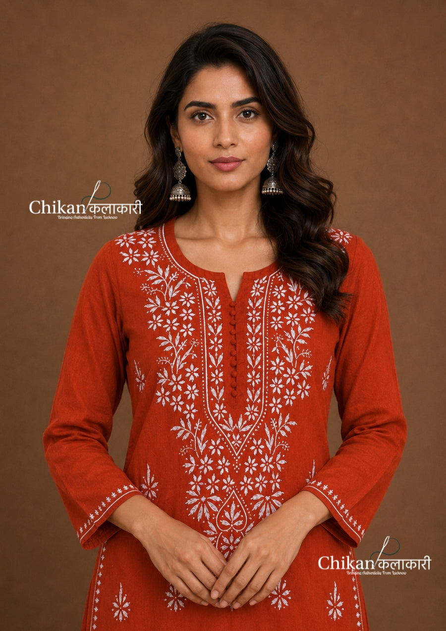 Geet Cotton Chikankari Kurti - Rust