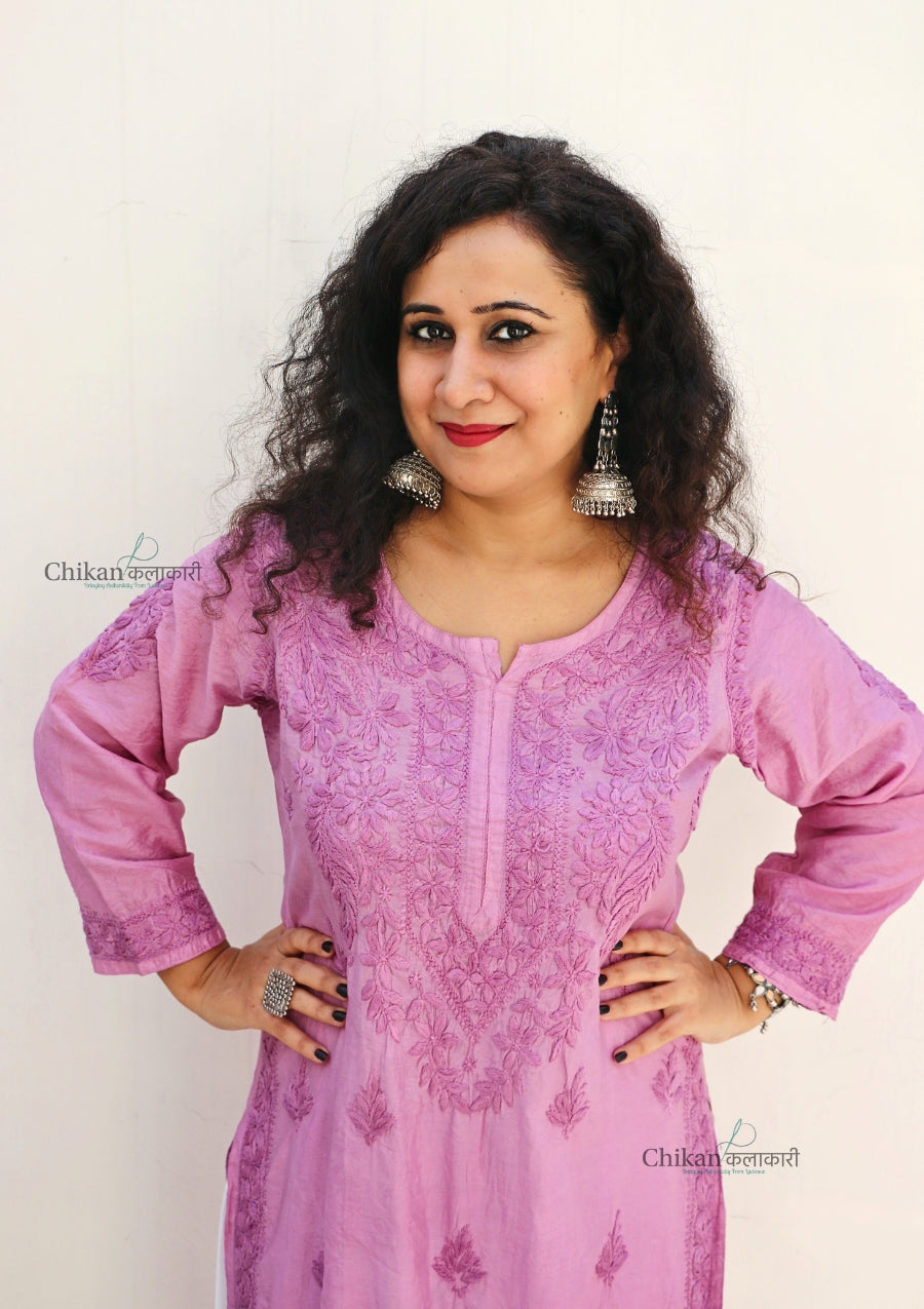 Hania Chanderi Chikankari Kurti - Purple