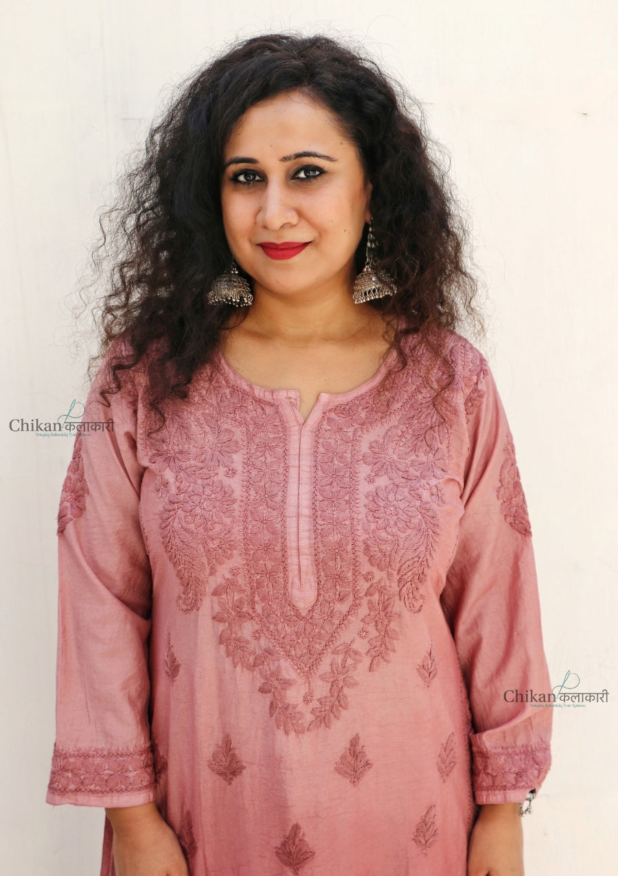 Hania Chanderi Chikankari Kurti - Brown