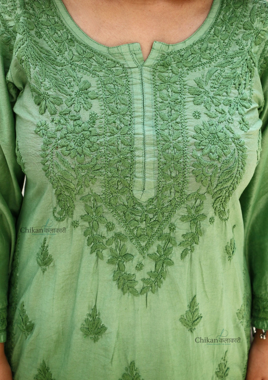 Hania Chanderi Chikankari Kurti - Green