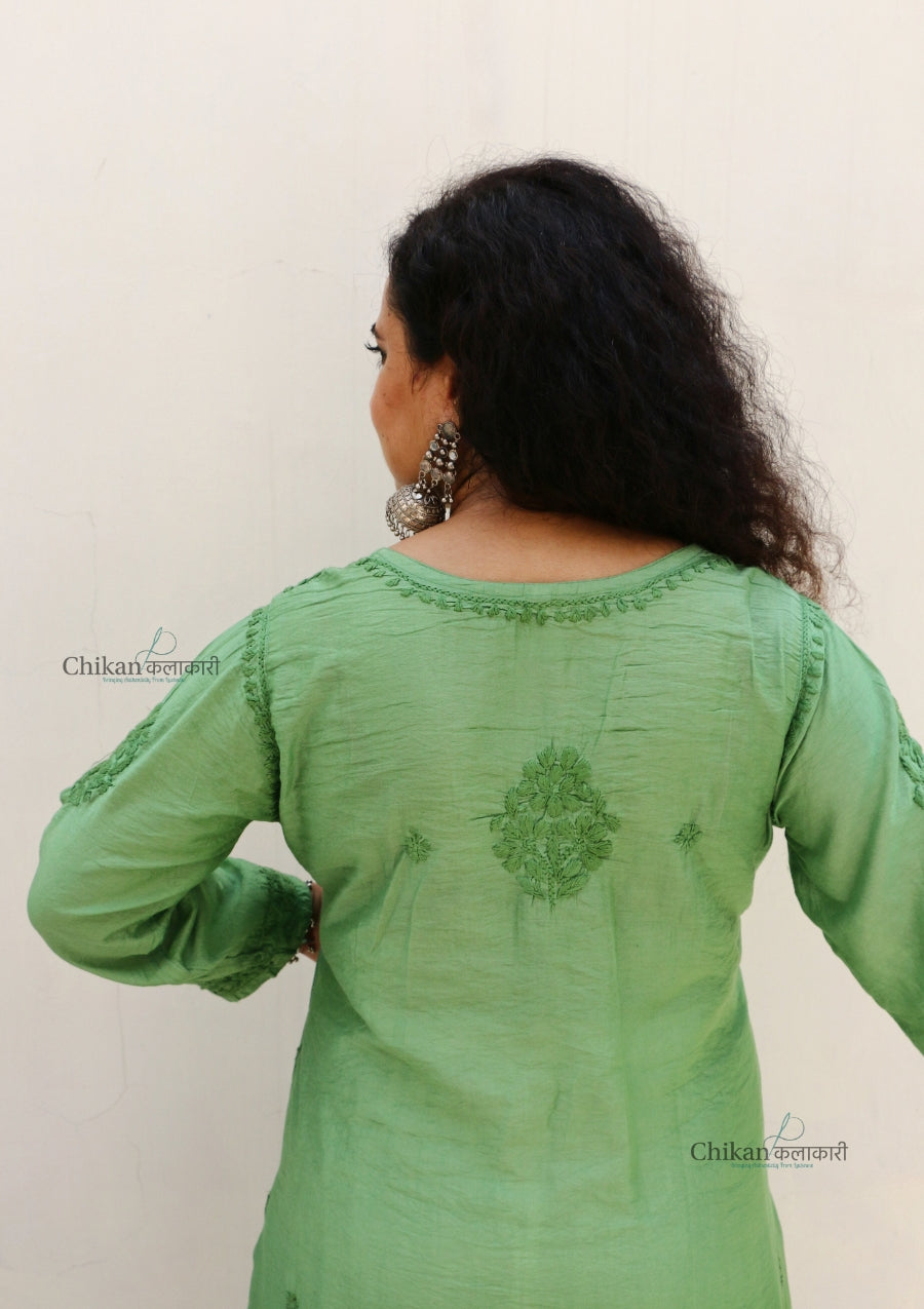 Hania Chanderi Chikankari Kurti - Green