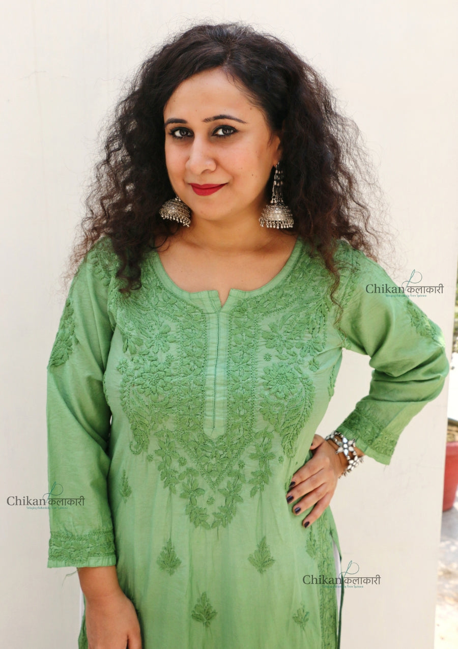 Hania Chanderi Chikankari Kurti - Green