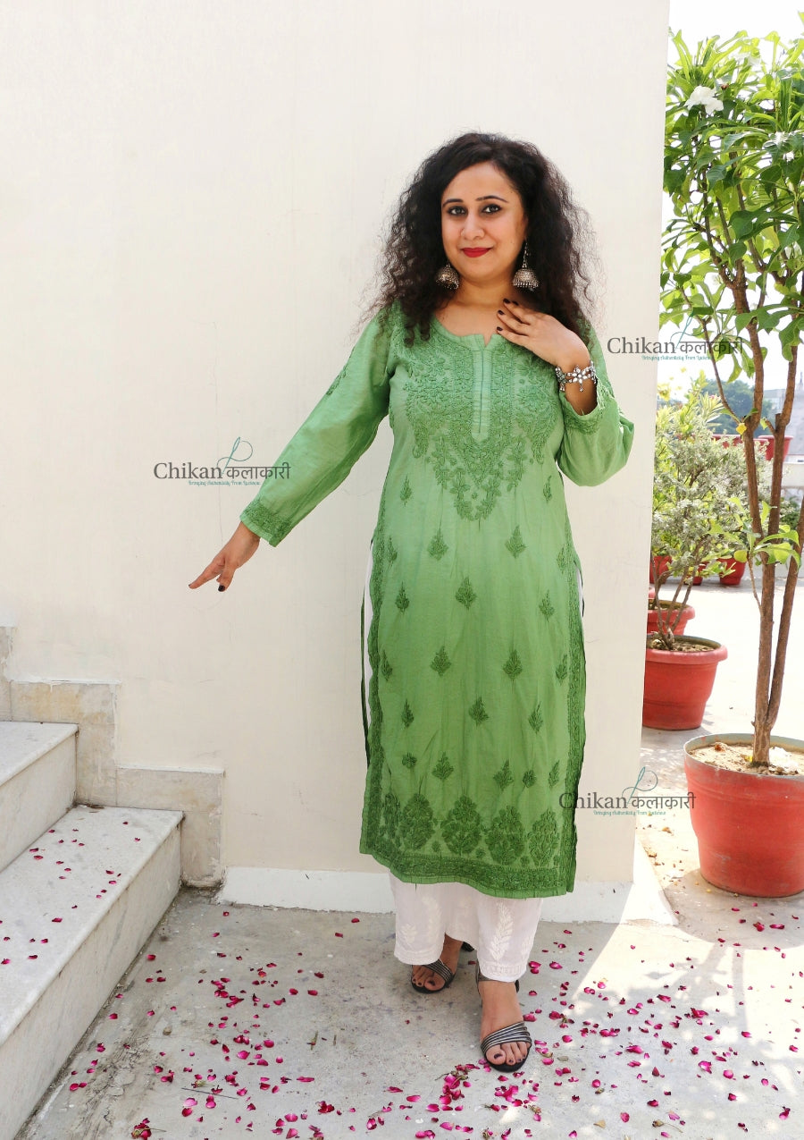 Hania Chanderi Chikankari Kurti - Green