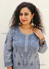 Hania Chanderi Chikankari Kurti - Grey