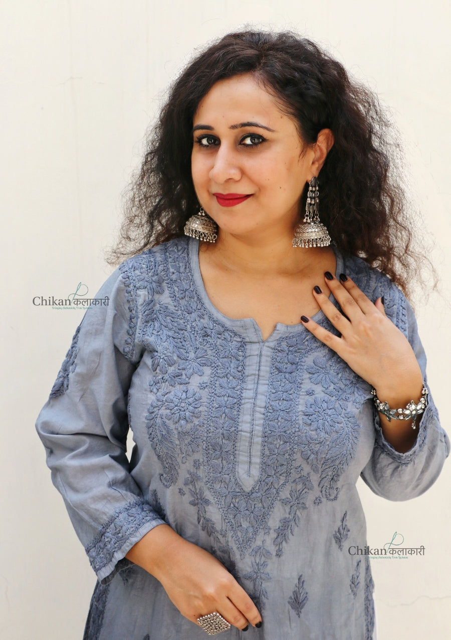 Hania Chanderi Chikankari Kurti - Grey