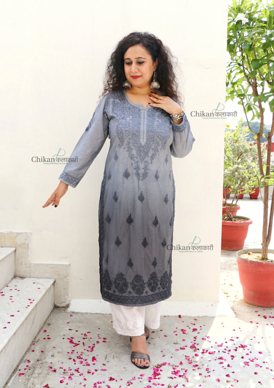 Hania Chanderi Chikankari Kurti - Grey