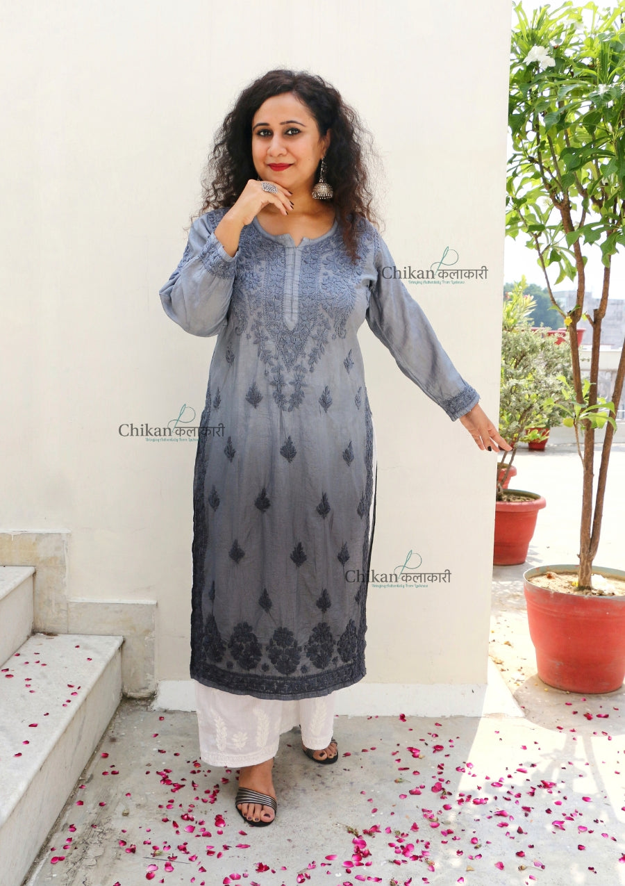 Hania Chanderi Chikankari Kurti - Grey