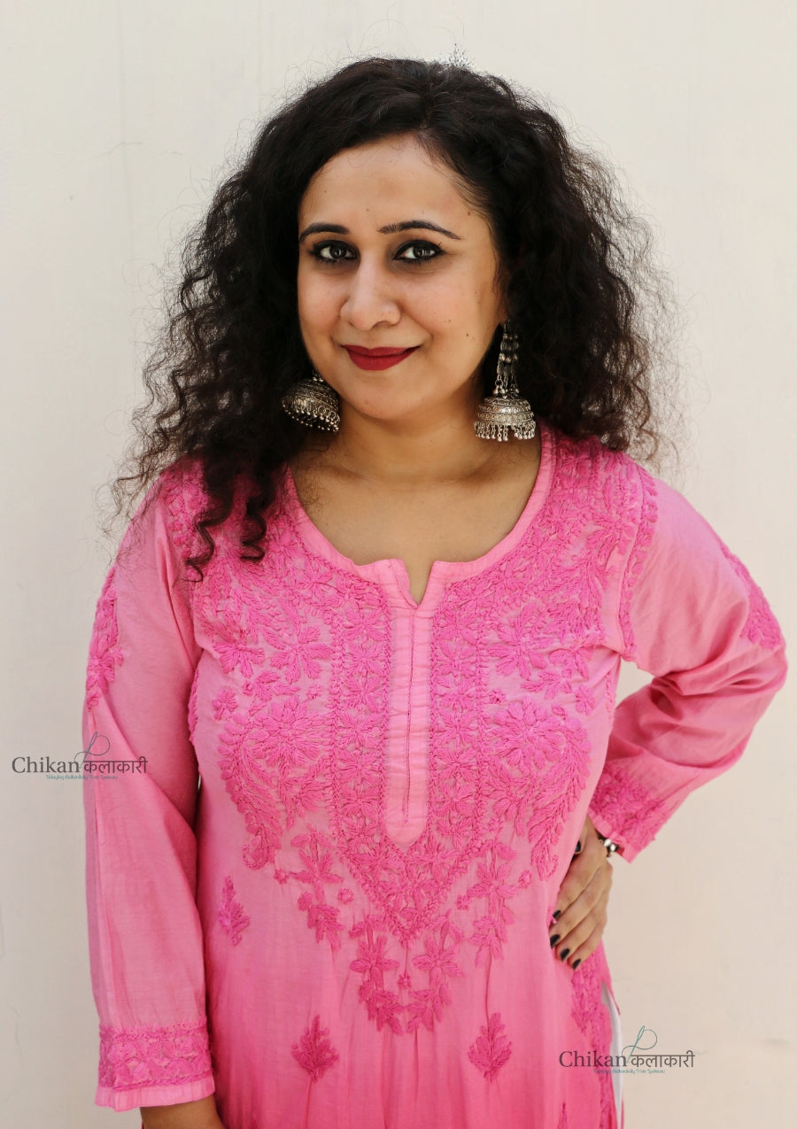 Hania Chanderi Chikankari Kurti - Pink