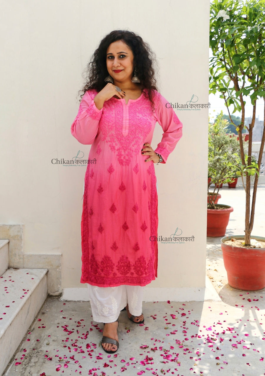 Hania Chanderi Chikankari Kurti - Pink