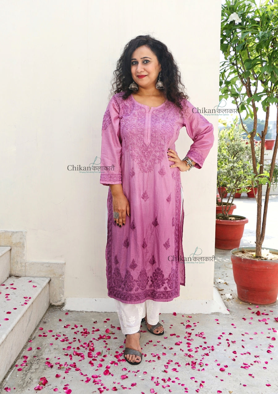 Hania Chanderi Chikankari Kurti - Purple