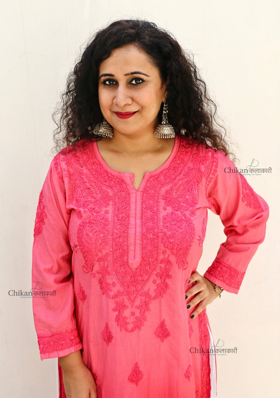 Hania Chanderi Chikankari Kurti - Red