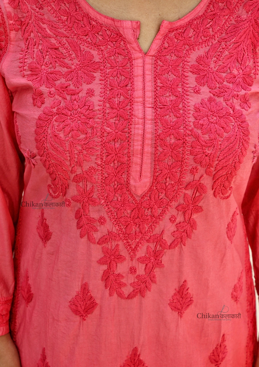 Hania Chanderi Chikankari Kurti - Red