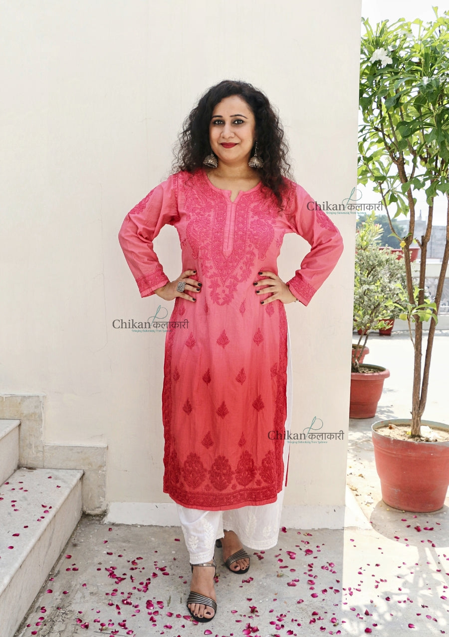 Hania Chanderi Chikankari Kurti - Red