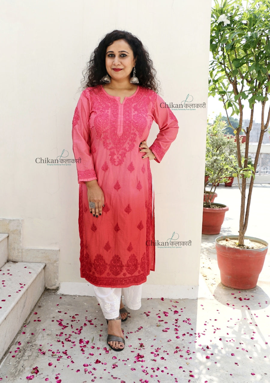 Hania Chanderi Chikankari Kurti - Red