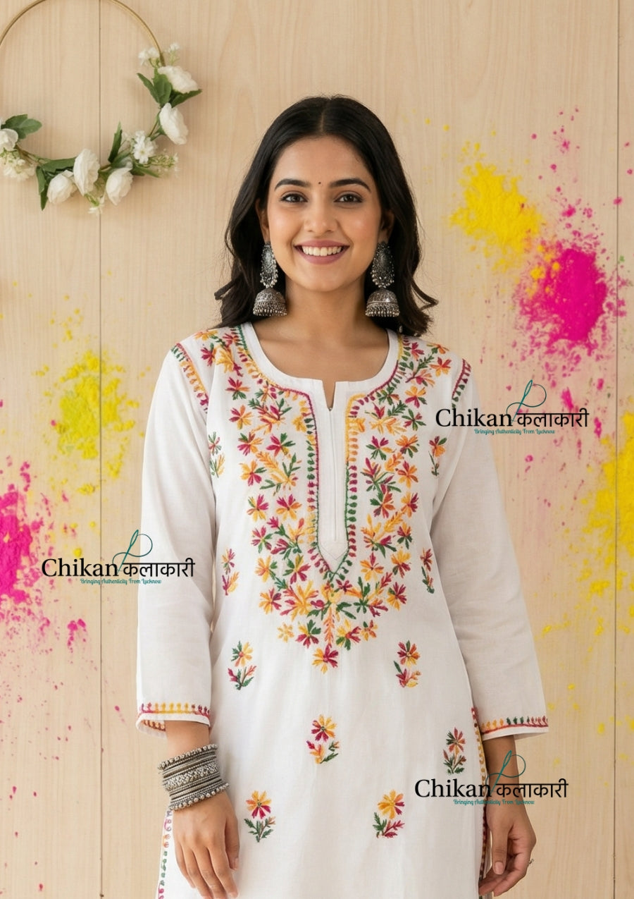 Ameena Cotton White Multi Chikankari Kurti